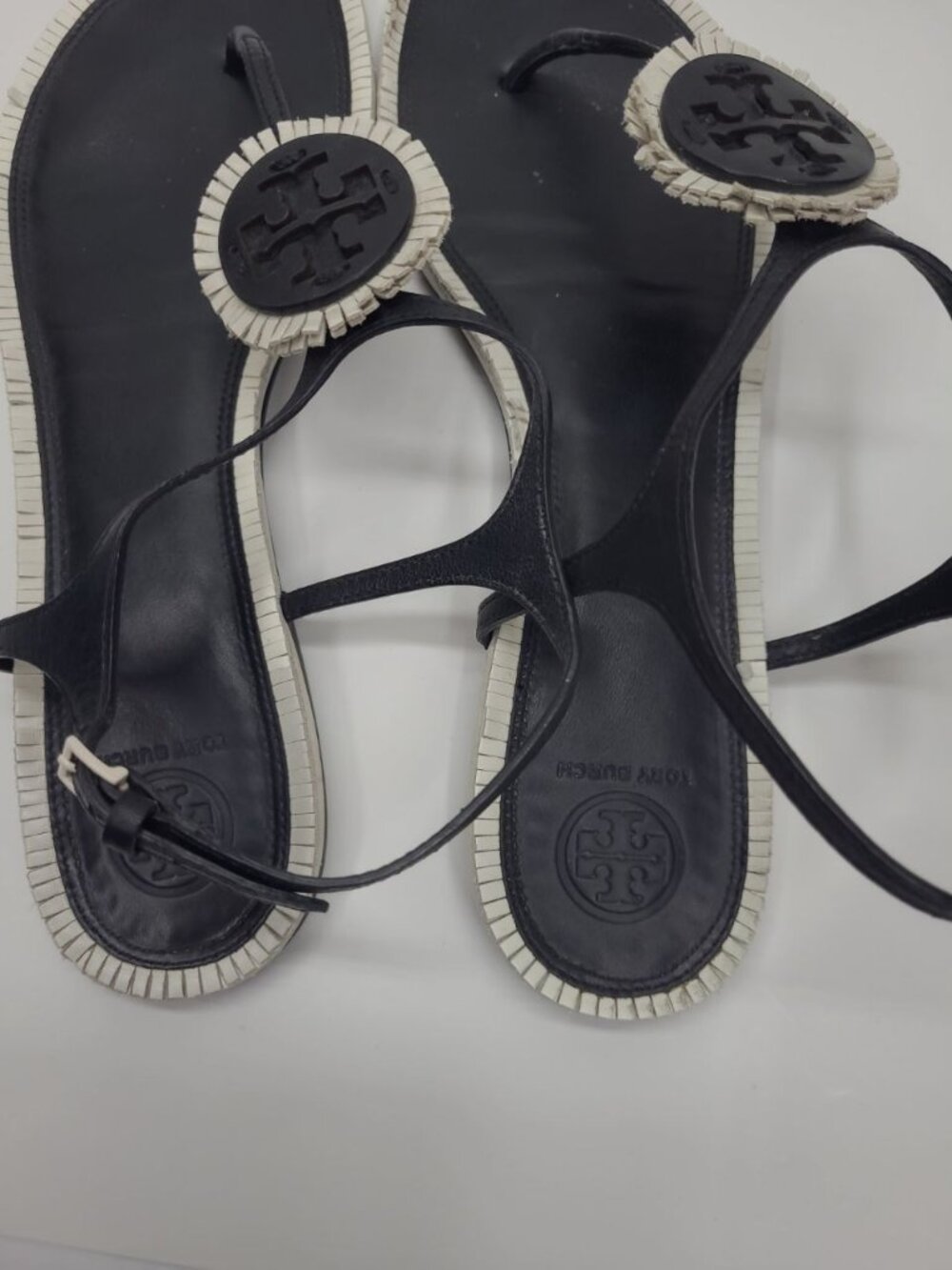 Tory Burch Miller Fringe Leather Thong Sandals Women's Size 10 Black and White - Picture 7 of 8